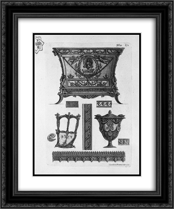 A chest of drawers, a side of the sedan, a decorative vase and various ornamental motifs 20x24 Black Ornate Wood Framed Art Print Poster with Double Matting by Piranesi, Giovanni Battista