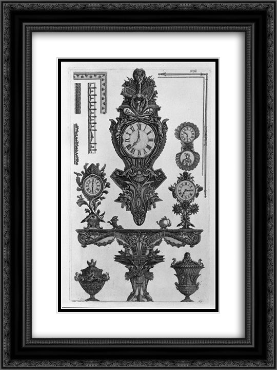A table with the vessel wall rostrata, four clocks, two decorative vases, ornaments 18x24 Black Ornate Wood Framed Art Print Poster with Double Matting by Piranesi, Giovanni Battista
