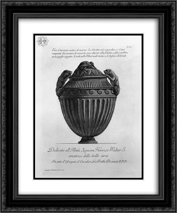 Ancient marble urn vase with dogs and an owl flying buttresses, ribbed 20x24 Black Ornate Wood Framed Art Print Poster with Double Matting by Piranesi, Giovanni Battista