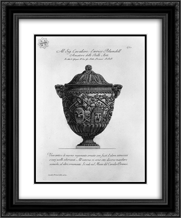 Ancient marble vase decorated with twisted stems of ivy, birds and scenic masks scherzanti 20x24 Black Ornate Wood Framed Art Print Poster with Double Matting by Piranesi, Giovanni Battista