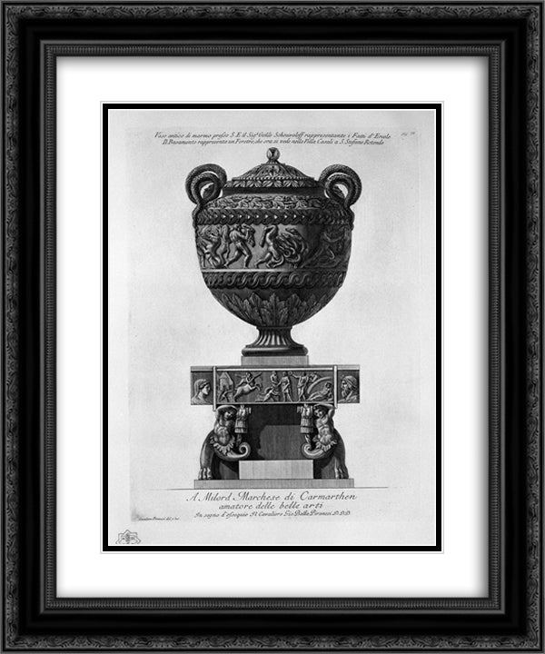 Antique vase of marble representing the feats of Hercules, with the base representing a coffin 20x24 Black Ornate Wood Framed Art Print Poster with Double Matting by Piranesi, Giovanni Battista