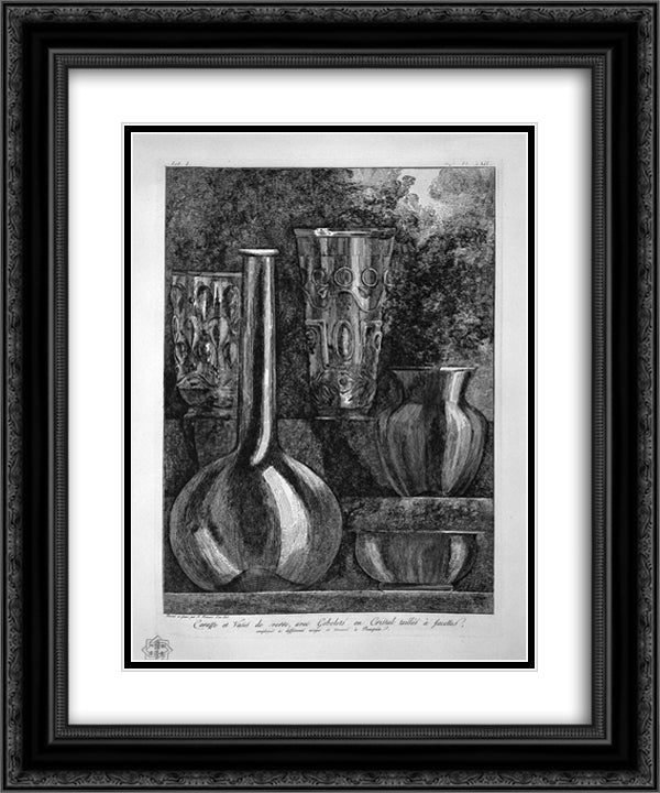 Bottle and glass vases and crystal faceted, found in Pompeii 20x24 Black Ornate Wood Framed Art Print Poster with Double Matting by Piranesi, Giovanni Battista