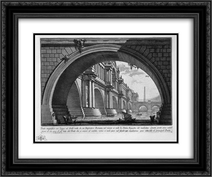 Bridge with magnificent balconies and arches erected by a Roman Emperor 24x20 Black Ornate Wood Framed Art Print Poster with Double Matting by Piranesi, Giovanni Battista