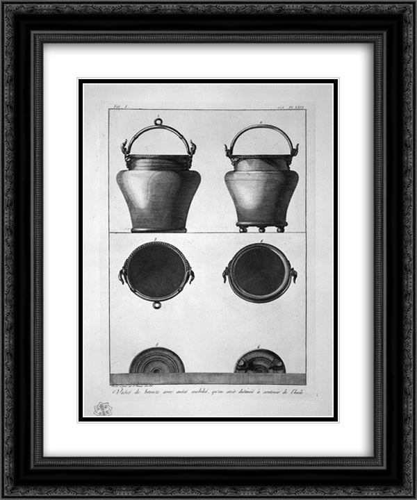 Bronze vessels with movable handles, found at Pompeii 20x24 Black Ornate Wood Framed Art Print Poster with Double Matting by Piranesi, Giovanni Battista