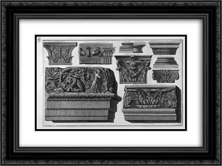 Capitals and friezes (Farnese Gardens, Roman Villas) 24x18 Black Ornate Wood Framed Art Print Poster with Double Matting by Piranesi, Giovanni Battista
