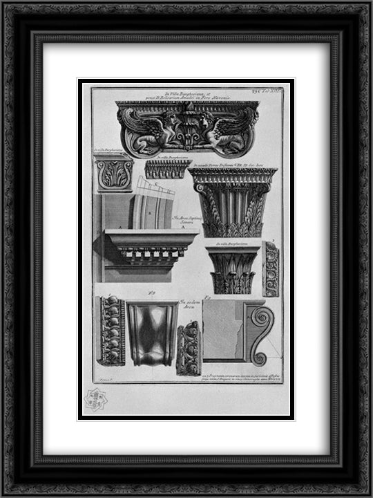 Capitals and special arc (Villa Borghese, the Arch of Septimius Severus, etc.) 18x24 Black Ornate Wood Framed Art Print Poster with Double Matting by Piranesi, Giovanni Battista