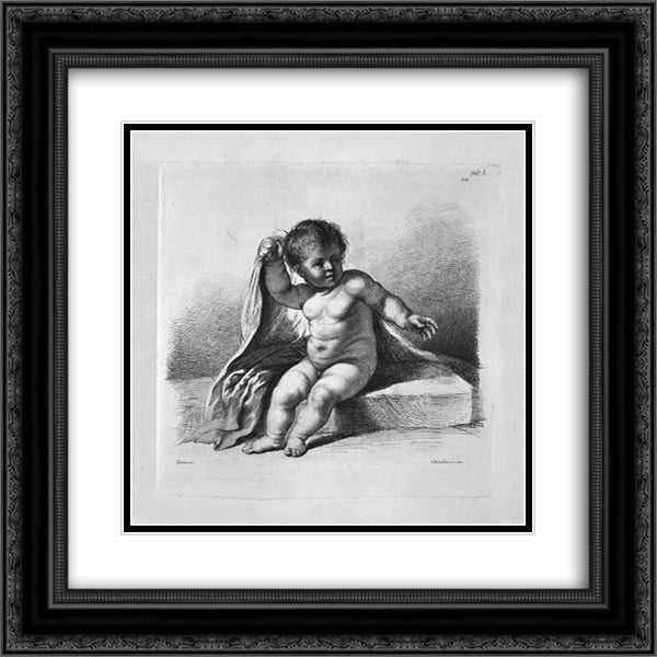 Cherub sitting in the act of covering, by Guercino 20x20 Black Ornate Wood Framed Art Print Poster with Double Matting by Piranesi, Giovanni Battista