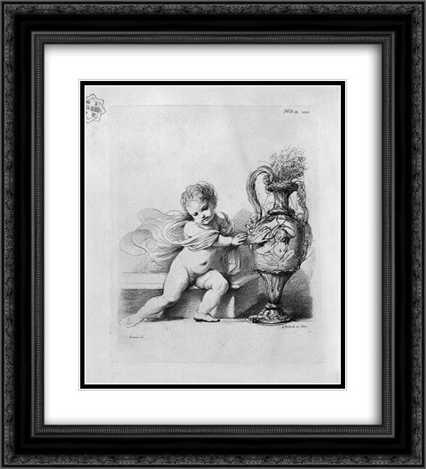 Cherub sitting next to a pitcher by Guercino 20x22 Black Ornate Wood Framed Art Print Poster with Double Matting by Piranesi, Giovanni Battista