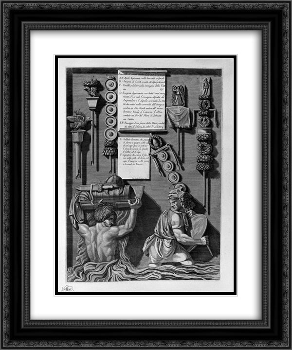 Eagles, signs, banner, and two legionnaires at the ford of a river 20x24 Black Ornate Wood Framed Art Print Poster with Double Matting by Piranesi, Giovanni Battista