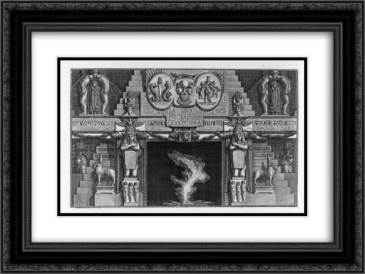 Egyptian-style fireplace, flanked by two kneeling female figures 24x18 Black Ornate Wood Framed Art Print Poster with Double Matting by Piranesi, Giovanni Battista