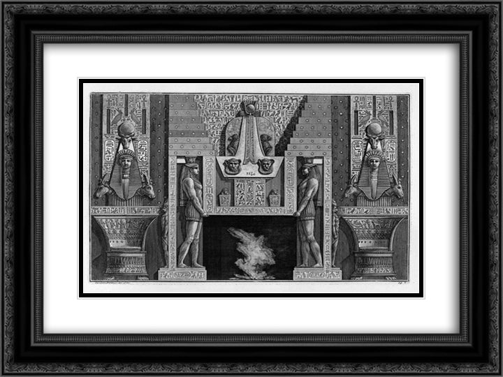 Egyptian-style fireplace, two large sides with figures supporting the top 24x18 Black Ornate Wood Framed Art Print Poster with Double Matting by Piranesi, Giovanni Battista