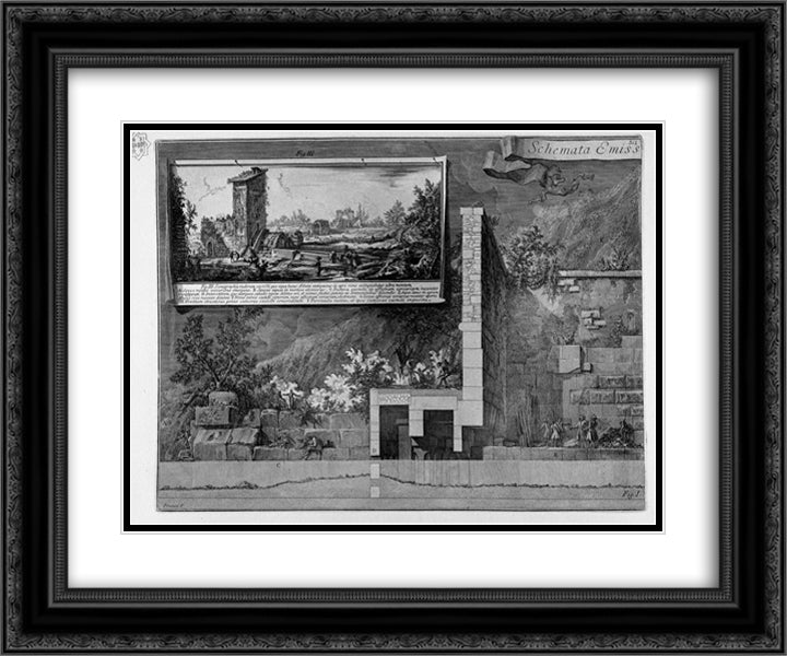 Emissary of Lake Albano (sets and sections) 24x20 Black Ornate Wood Framed Art Print Poster with Double Matting by Piranesi, Giovanni Battista