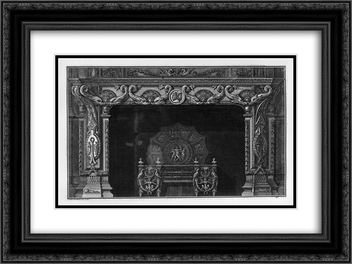 Fireplace four pairs in the frieze of dolphins addressed; a rich interior wing 24x18 Black Ornate Wood Framed Art Print Poster with Double Matting by Piranesi, Giovanni Battista
