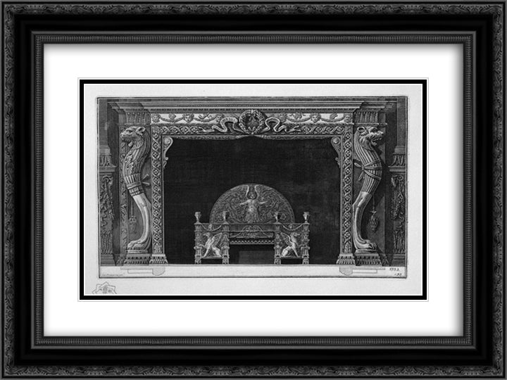 Fireplace two sides of the well-head lion paws of a lion in a rich wing 24x18 Black Ornate Wood Framed Art Print Poster with Double Matting by Piranesi, Giovanni Battista