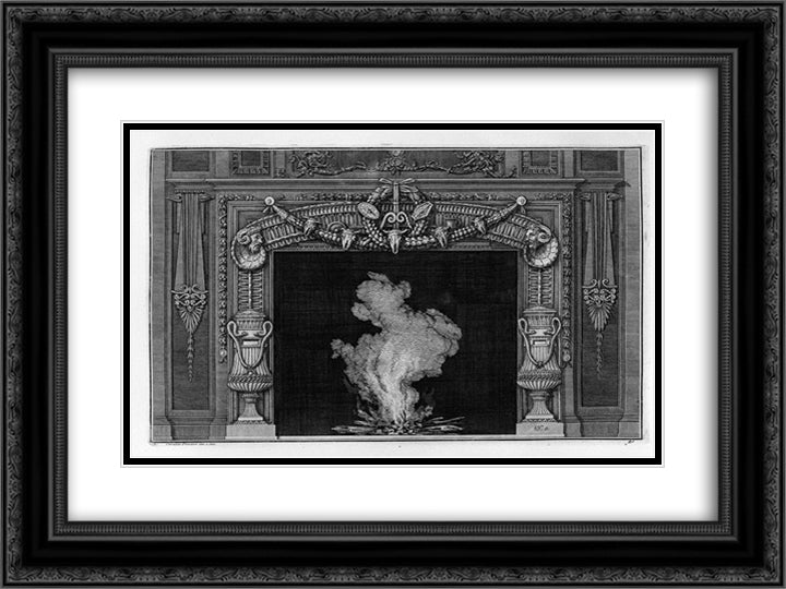 Fireplace two vases on the sides with snakes 24x18 Black Ornate Wood Framed Art Print Poster with Double Matting by Piranesi, Giovanni Battista