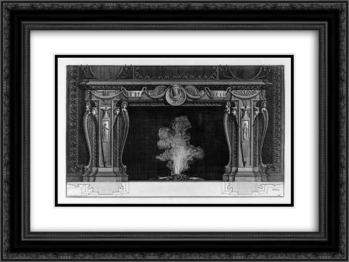 Fireplace vessels in the frieze and sides, palms and garlands 24x18 Black Ornate Wood Framed Art Print Poster with Double Matting by Piranesi, Giovanni Battista