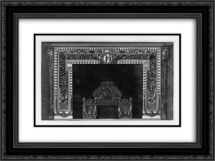 Fireplace with a cameo in the frieze and border of small acorns, rich wing 24x18 Black Ornate Wood Framed Art Print Poster with Double Matting by Piranesi, Giovanni Battista