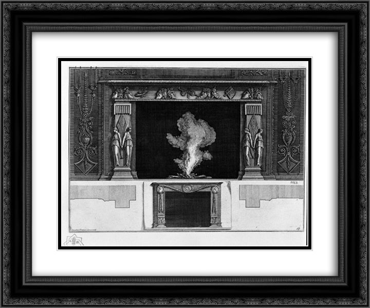 Fireplace with a frieze of masks, winged figures at the hips; other way smaller inferiorly 24x20 Black Ornate Wood Framed Art Print Poster with Double Matting by Piranesi, Giovanni Battista