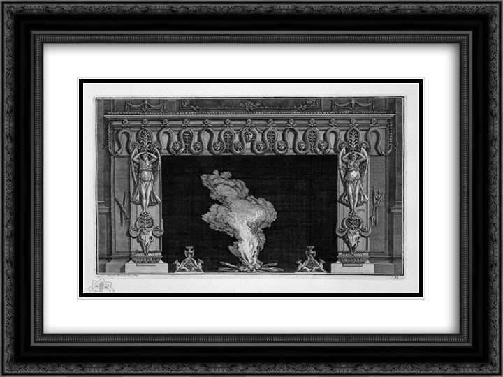 Fireplace with a frieze of serpents and winged figures above the hips bucranes 24x18 Black Ornate Wood Framed Art Print Poster with Double Matting by Piranesi, Giovanni Battista