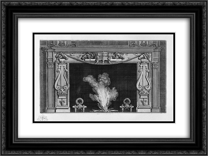 Fireplace with two large lire on the sides, and four rams` heads in the frieze 24x18 Black Ornate Wood Framed Art Print Poster with Double Matting by Piranesi, Giovanni Battista