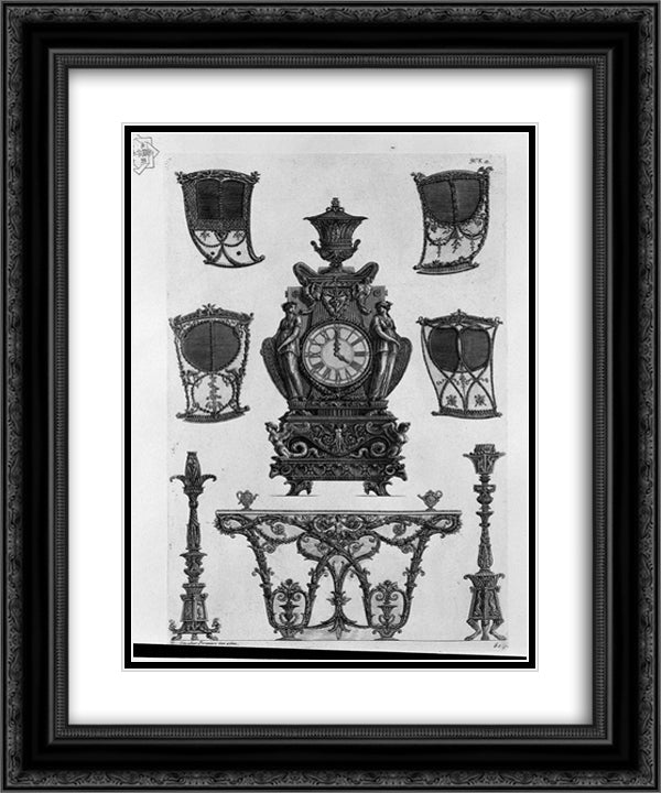 Four sides of the sedan, a clock, two candlesticks, table wall 20x24 Black Ornate Wood Framed Art Print Poster with Double Matting by Piranesi, Giovanni Battista