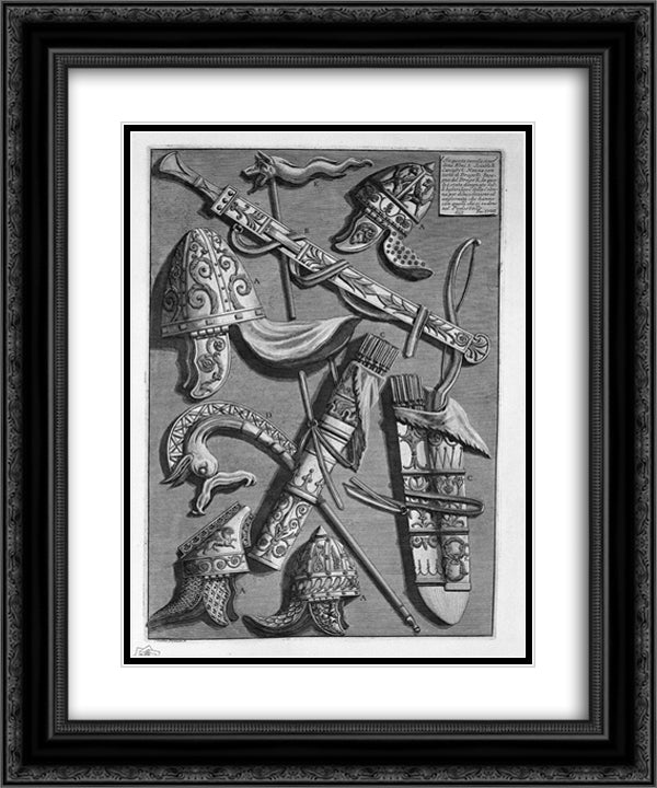 Helmets, dagger, quivers, poker, signs (from the pedestal of the Column of Trajan) 20x24 Black Ornate Wood Framed Art Print Poster with Double Matting by Piranesi, Giovanni Battista
