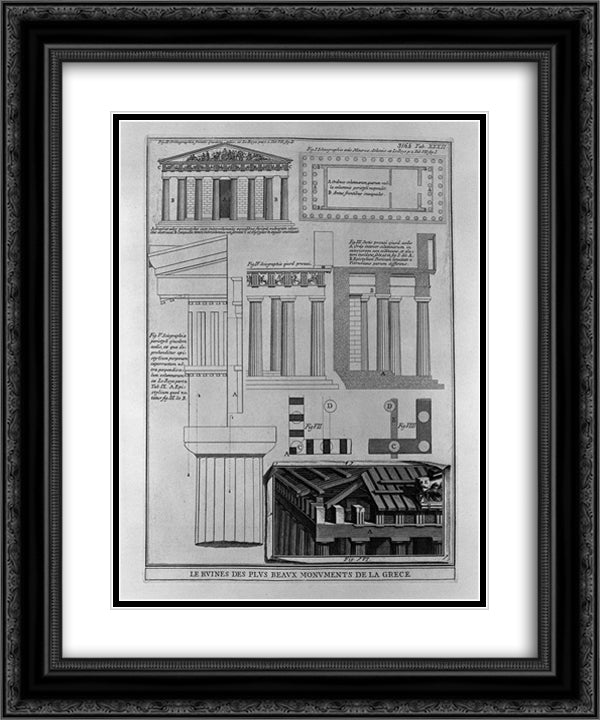 Plan, elevation and details of Doric temples in Greece (from Le Roy) 20x24 Black Ornate Wood Framed Art Print Poster with Double Matting by Piranesi, Giovanni Battista