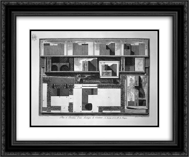 Plans of elevations and sections of Thermopolium 24x20 Black Ornate Wood Framed Art Print Poster with Double Matting by Piranesi, Giovanni Battista