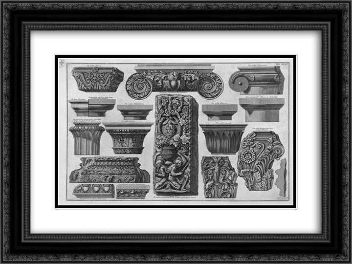 Several capitals and a bas-relief (Farnese Gardens, Villa Barberini, etc.) 24x18 Black Ornate Wood Framed Art Print Poster with Double Matting by Piranesi, Giovanni Battista