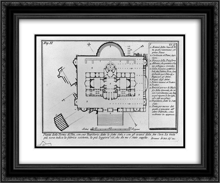 The Roman antiquities, t. 1, Plate XXVII. Baths of Titus (really the Baths of Traianus). 24x20 Black Ornate Wood Framed Art Print Poster with Double Matting by Piranesi, Giovanni Battista