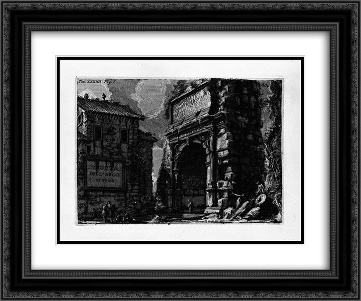 The Roman antiquities, t. 1, Plate XXXIV. Veduta with Arch of Titus. 24x20 Black Ornate Wood Framed Art Print Poster with Double Matting by Piranesi, Giovanni Battista