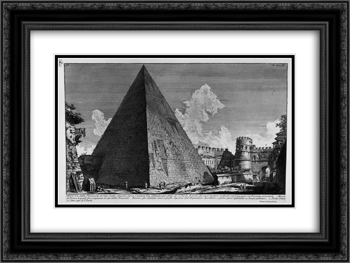 The Roman antiquities, t. 3, Plate XL. View of the Pyramid of Caius Cestius. 24x18 Black Ornate Wood Framed Art Print Poster with Double Matting by Piranesi, Giovanni Battista