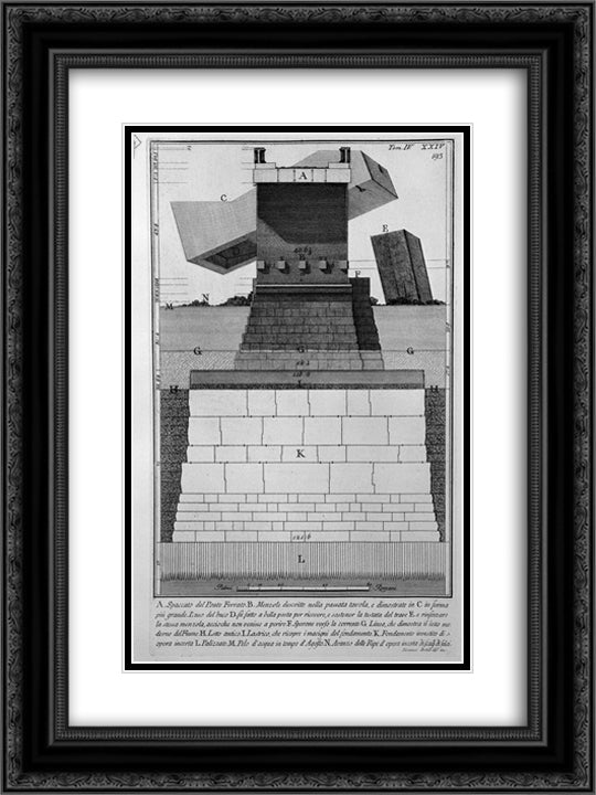 The Roman antiquities, t. 4, Plate XXIV. Elevation of the bridge and its foundations Cestius. 18x24 Black Ornate Wood Framed Art Print Poster with Double Matting by Piranesi, Giovanni Battista