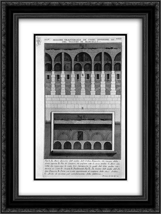 The Roman antiquities, t. 4, Plate XXXI. Section one of the wedges of the Theatre of Marcellus. 18x24 Black Ornate Wood Framed Art Print Poster with Double Matting by Piranesi, Giovanni Battista