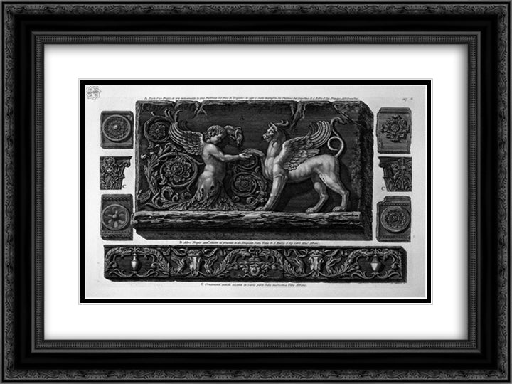 Two ornamental marble friezes and six fragments (Aldobrandini and Villa Albani) 24x18 Black Ornate Wood Framed Art Print Poster with Double Matting by Piranesi, Giovanni Battista
