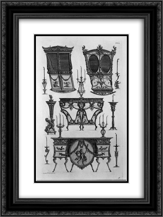 Two sides of sedan chairs, two tables to the wall, nine chandeliers 18x24 Black Ornate Wood Framed Art Print Poster with Double Matting by Piranesi, Giovanni Battista