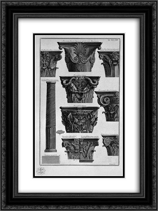 Various capitals, column (Villa Albani, St. Clement, St. Cosmas, etc.) 18x24 Black Ornate Wood Framed Art Print Poster with Double Matting by Piranesi, Giovanni Battista