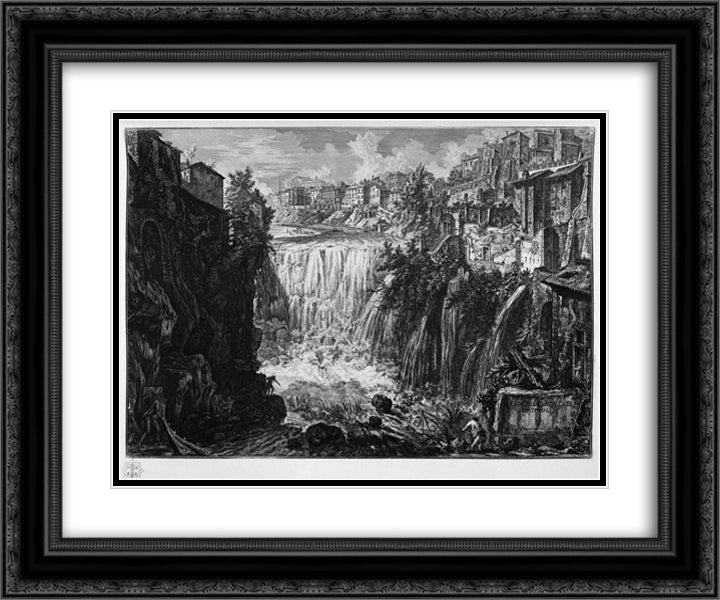 View of the Falls of Tivoli 24x20 Black Ornate Wood Framed Art Print Poster with Double Matting by Piranesi, Giovanni Battista