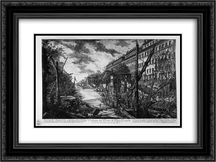 View of the Port of Ripetta 24x18 Black Ornate Wood Framed Art Print Poster with Double Matting by Piranesi, Giovanni Battista