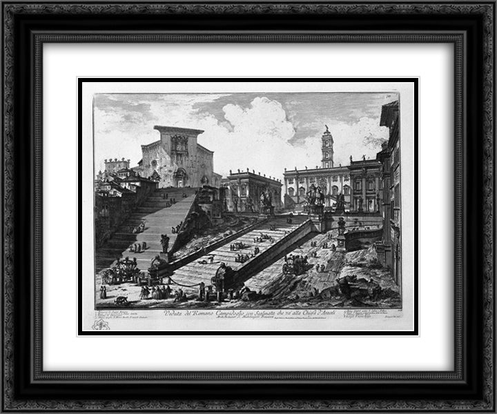 View of the Roman Capitol, with the staircase that goes to the Church of Araceli 24x20 Black Ornate Wood Framed Art Print Poster with Double Matting by Piranesi, Giovanni Battista