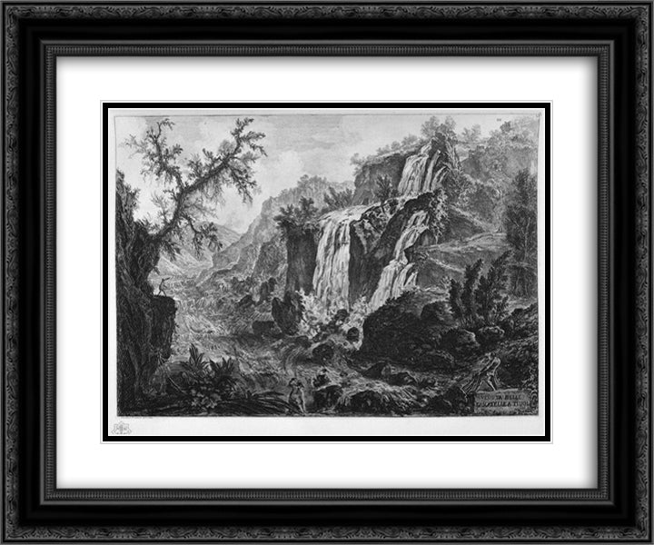 View of the waterfalls at Tivoli 24x20 Black Ornate Wood Framed Art Print Poster with Double Matting by Piranesi, Giovanni Battista