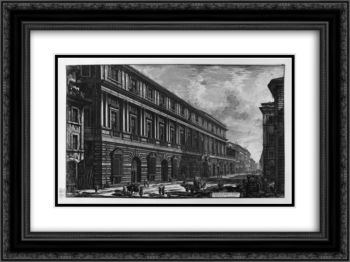 View of Via del Corso, the Palace of the Academy founded by Louis XIV, King of France 24x18 Black Ornate Wood Framed Art Print Poster with Double Matting by Piranesi, Giovanni Battista