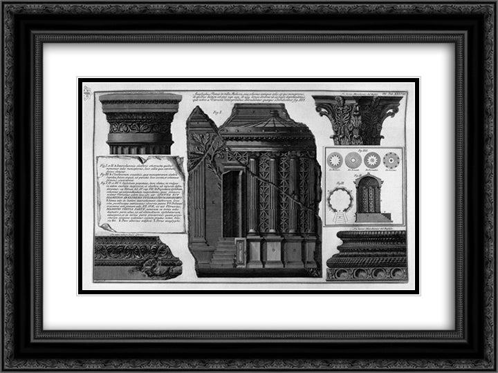 Villa Medici Anagliphus Rome, etc. (capitals and bases) 24x18 Black Ornate Wood Framed Art Print Poster with Double Matting by Piranesi, Giovanni Battista
