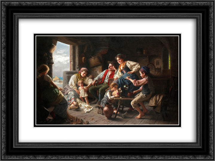 The fisherman's family 24x18 Black Ornate Wood Framed Art Print Poster with Double Matting by Torriglia, Giovanni Battista