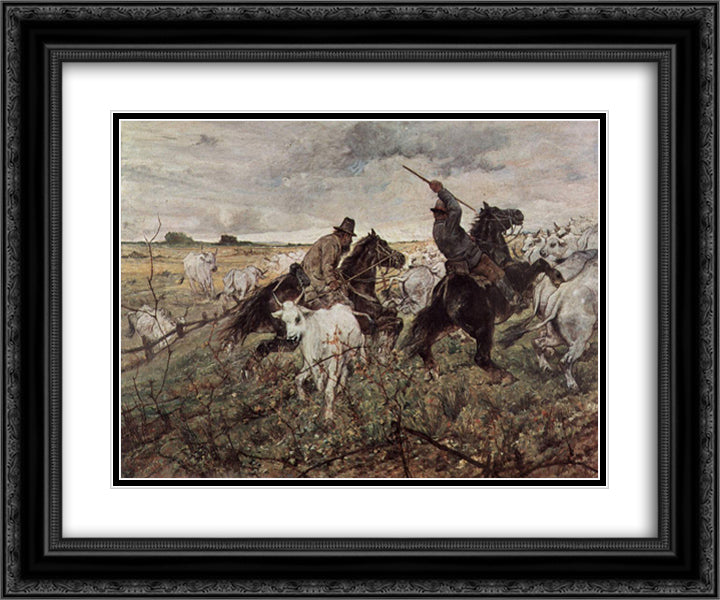 Cowboys and Herds in the Maremma 24x20 Black Ornate Wood Framed Art Print Poster with Double Matting by Fattori, Giovanni