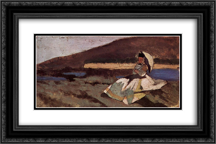 Dame im Freien sitzend 24x16 Black Ornate Wood Framed Art Print Poster with Double Matting by Fattori, Giovanni