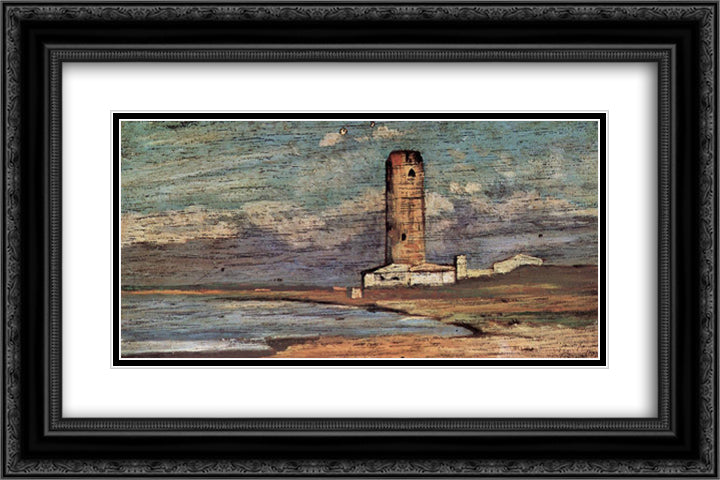 Der Turm von Magnale 24x16 Black Ornate Wood Framed Art Print Poster with Double Matting by Fattori, Giovanni
