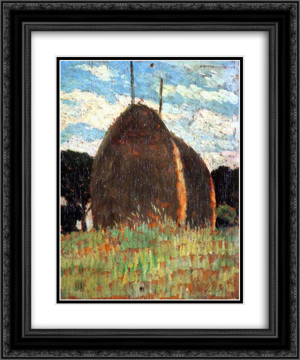 Hay Stacks 20x24 Black Ornate Wood Framed Art Print Poster with Double Matting by Fattori, Giovanni