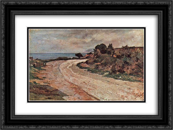 Strasse am Ufer des Meeres 24x18 Black Ornate Wood Framed Art Print Poster with Double Matting by Fattori, Giovanni