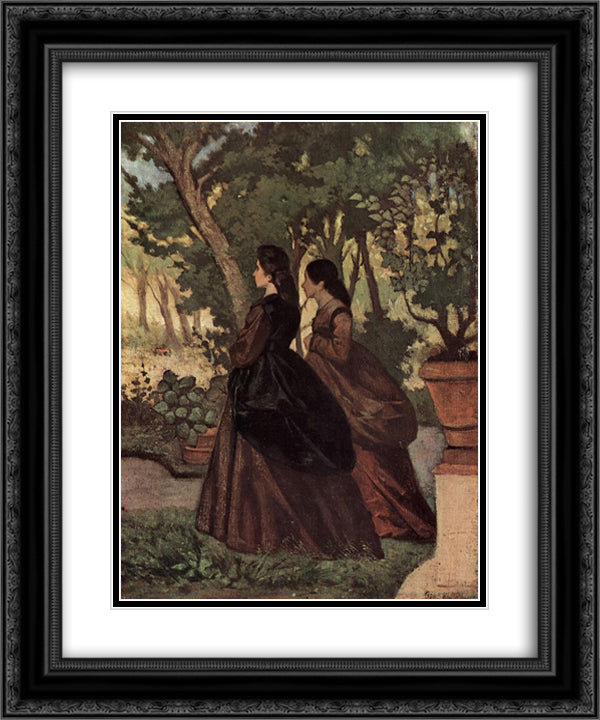 Zwei Damen im Garten von Castiglioncello 20x24 Black Ornate Wood Framed Art Print Poster with Double Matting by Fattori, Giovanni